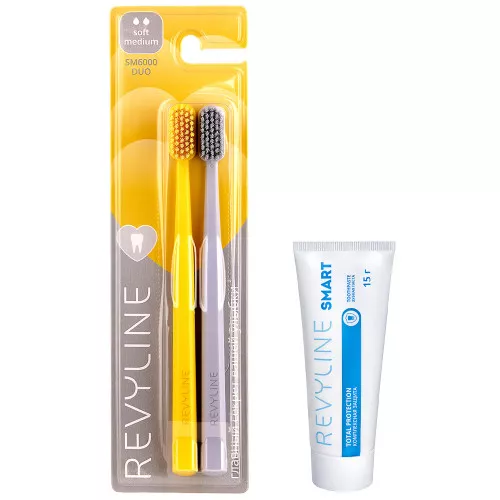 Набор зубных щеток Revyline SM6000 DUO Yellow и Grey + Зубная паста Revyline Smart, 15 г 